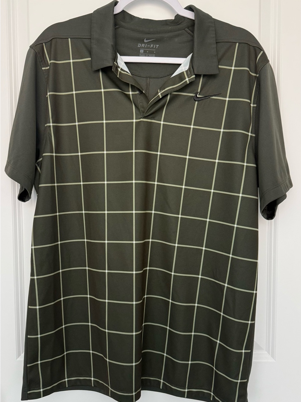 Nike Dark Olive Green Golf Dri-FIT Men's Windowpane Plaid Polo Shirt Large